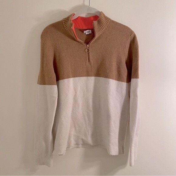 J. Crew Sweater Tan Cream Colorblock Zip-Up Extra Soft Yarn Quarter Zip Knit M - Picture 2 of 7